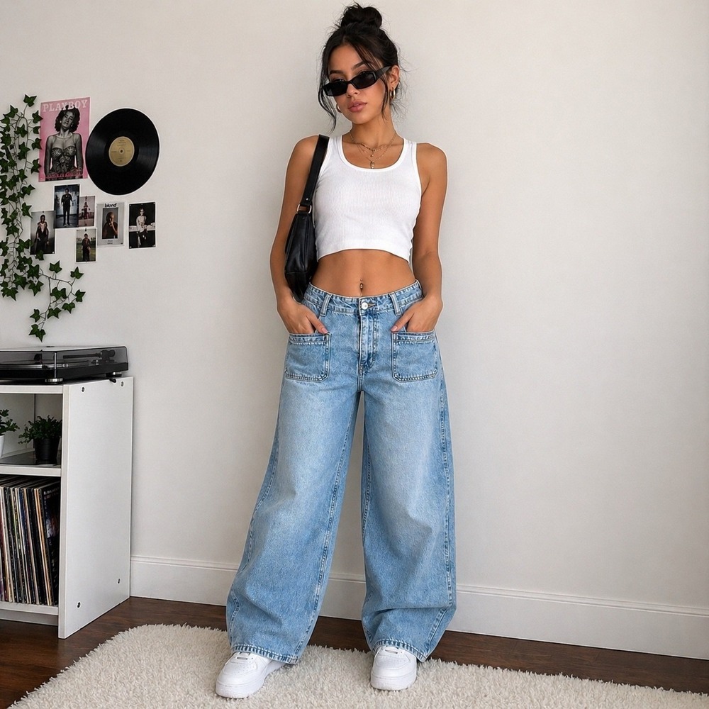 Old Navy Wide Leg Jeans Womens Size 16  Baggy Blue Denim High Rise Patch Pocket‎
